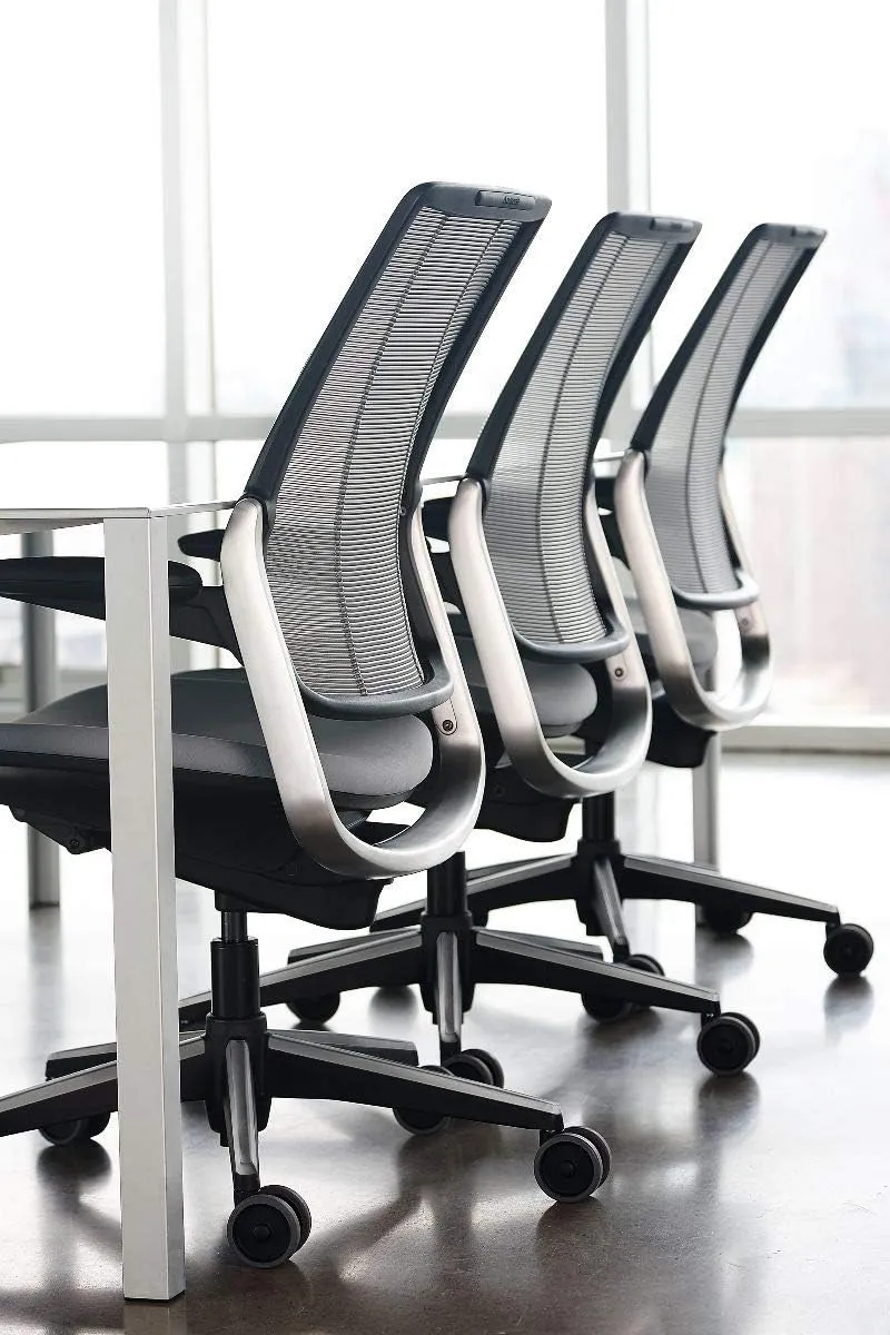 Humanscale Diffrient Smart Office Desk Chair - S413 Advanced Height Adjustable Duron Arms - Black Frame with Monofilament Stripe Black Mesh Back Azure Corde4 Fabric - Standard Carpet Casters
