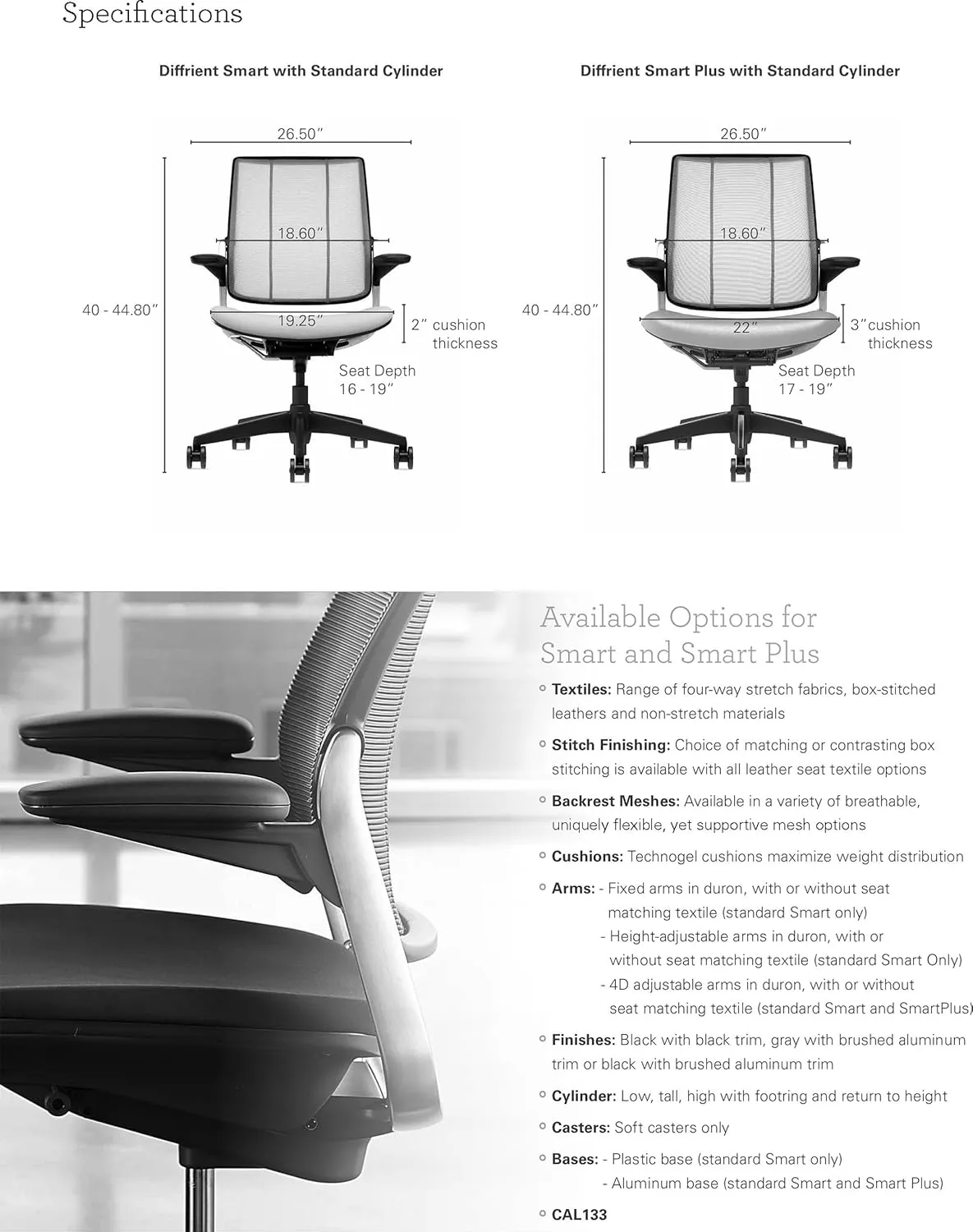 Humanscale Diffrient Smart Office Desk Chair - S413 Advanced Height Adjustable Duron Arms - Black Frame with Monofilament Stripe Black Mesh Back Azure Corde4 Fabric - Standard Carpet Casters
