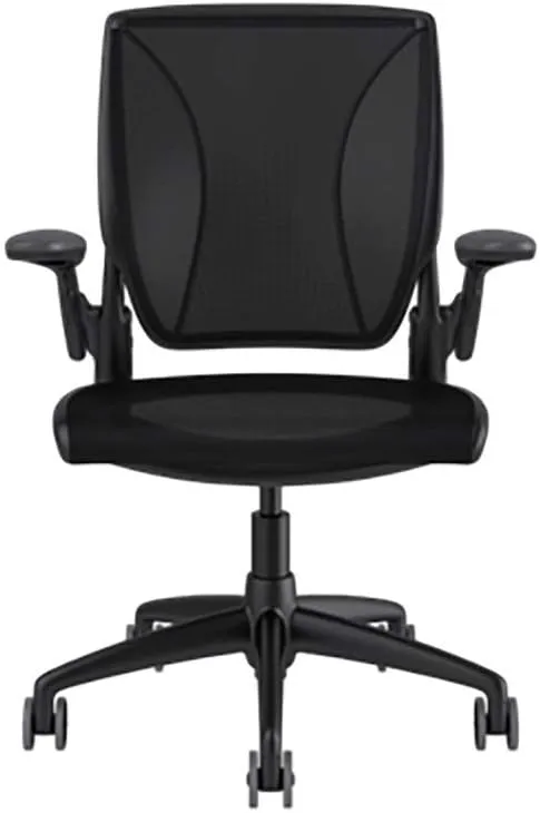 Humanscale Diffrient World Task Chair | Black Catena Mesh Seat and Back | Black Frame, Black Trim | Height-Adjustable Duron Arms | Standard Foam Seat, 3" Carpet Casters, 5" Cylinder