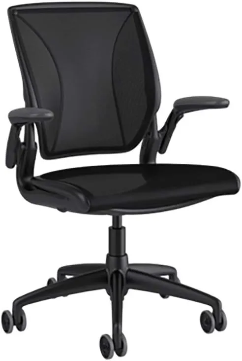 Humanscale Diffrient World Task Chair | Black Catena Mesh Seat and Back | Black Frame, Black Trim | Height-Adjustable Duron Arms | Standard Foam Seat, 3" Carpet Casters, 5" Cylinder