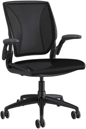 Humanscale Diffrient World Task Chair | Black Catena Mesh Seat and Back | Black Frame, Black Trim | Height-Adjustable Duron Arms | Standard Foam Seat, 3" Carpet Casters, 5" Cylinder