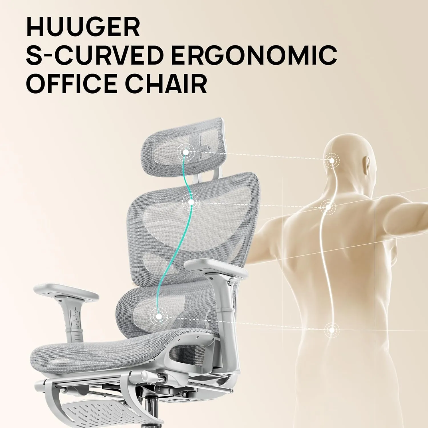 Huuger Mesh Office Chair with Footrest, Ergonomic Desk Chair with Lumbar Support, Comfortable Gaming Chair with Multi-tilt Angle Backrest, Headrest and 3D Armrest, Large Steel Base, Grey