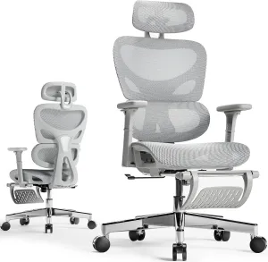Huuger Mesh Office Chair with Footrest, Ergonomic Desk Chair with Lumbar Support, Comfortable Gaming Chair with Multi-tilt Angle Backrest, Headrest and 3D Armrest, Large Steel Base, Grey