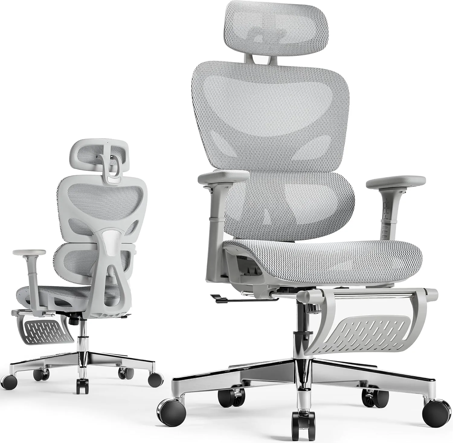Huuger Mesh Office Chair with Footrest, Ergonomic Desk Chair with Lumbar Support, Comfortable Gaming Chair with Multi-tilt Angle Backrest, Headrest and 3D Armrest, Large Steel Base, Grey