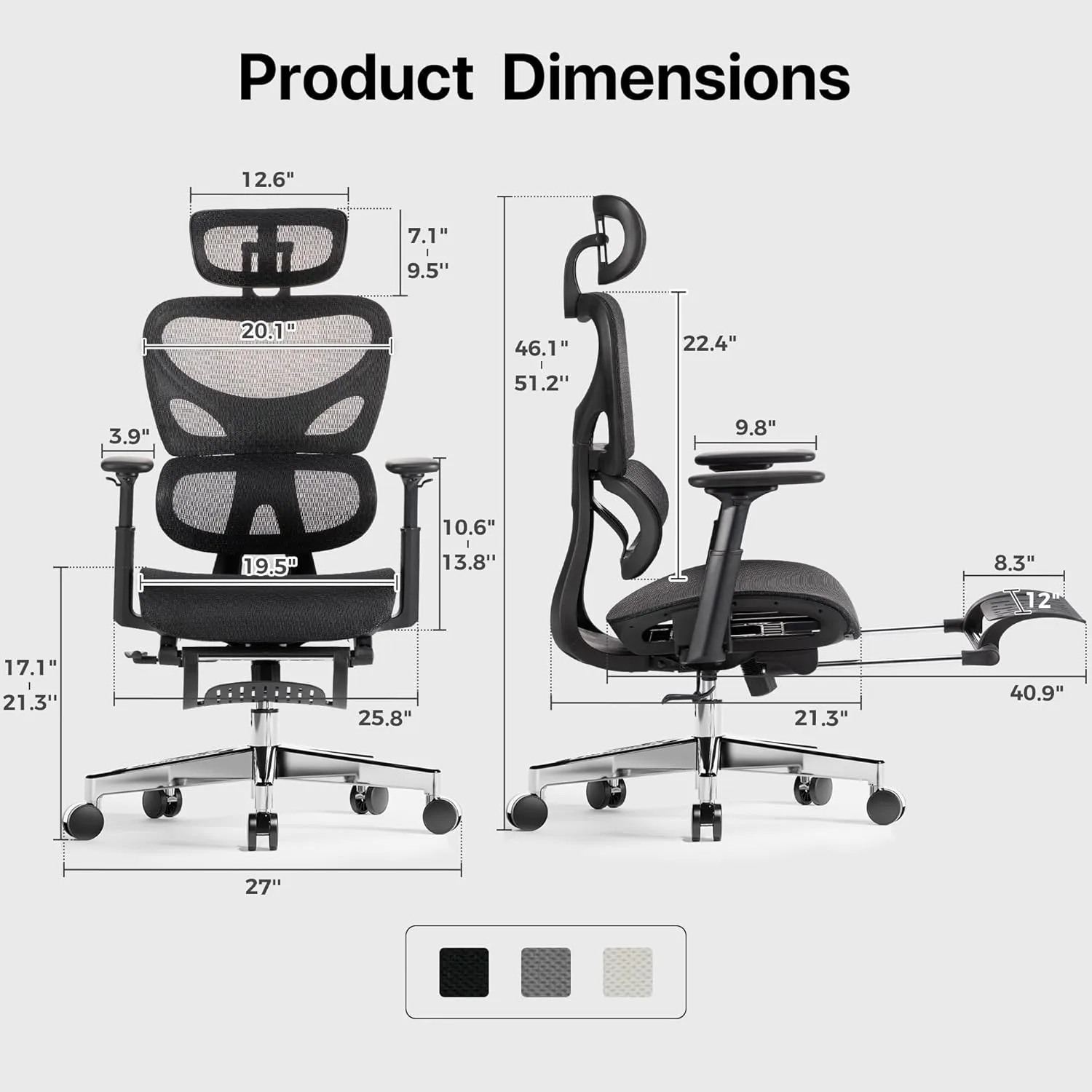 Huuger Mesh Office Chair with Footrest, Ergonomic Desk Chair with Lumbar Support, Comfortable, Multi-tilt Angle Backrest, Headrest and 3D Armrest, Large Steel Base, Black
