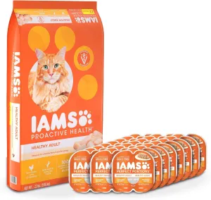 Iams Proactive Health Healthy Adult Dry Cat Food and Grain Free Paté Wet Cat Food, Chicken Recipes