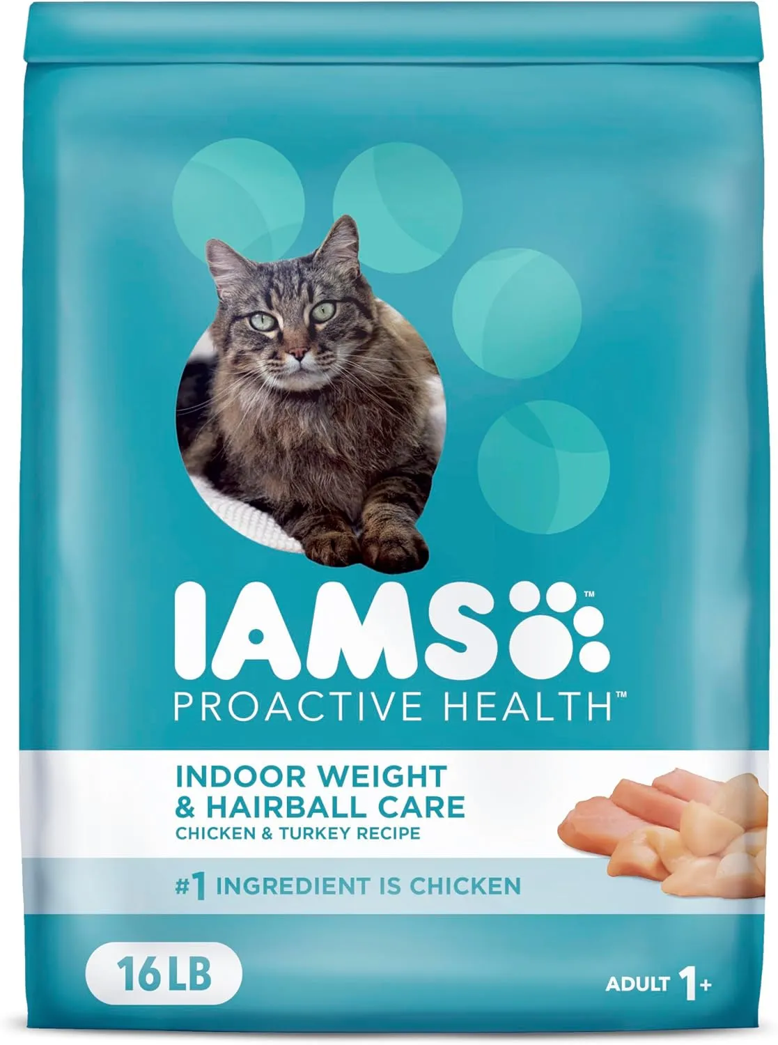 IAMS Proactive Health Indoor Weight & Hairball Care Adult Dry Cat Food with Real Chicken and Turkey, 16 lb. Bag