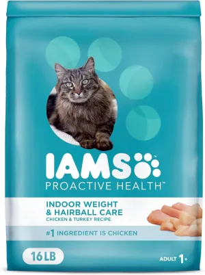IAMS Proactive Health Indoor Weight & Hairball Care Adult Dry Cat Food with Real Chicken and Turkey, 16 lb. Bag