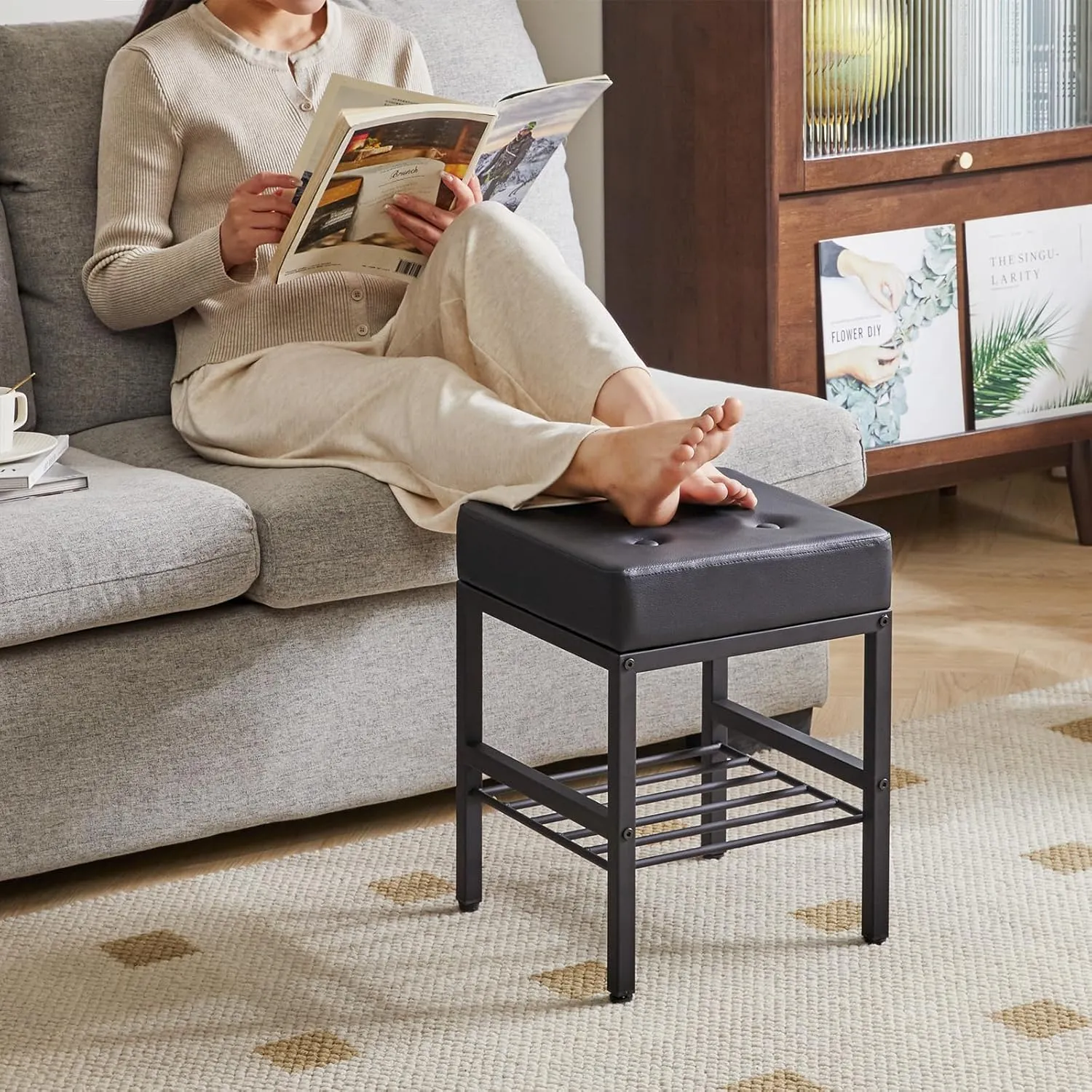 IBUYKE Square Makeup Stool with Adjustable Feet and Storage Space, Footrest Chair, PU Vanity Seat, Multi-Use as Small Side Table or Ottoman, for Bedroom, Black LG-60B