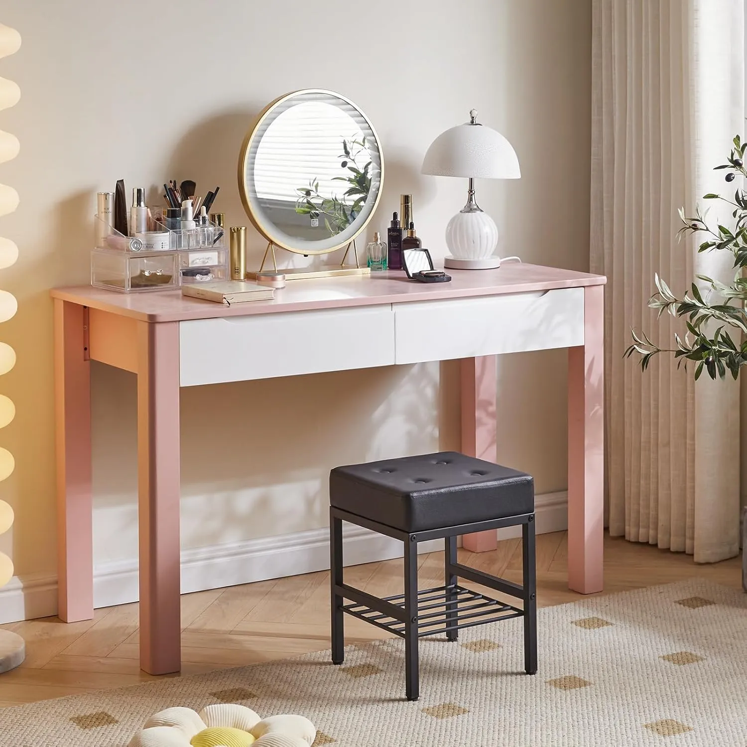 IBUYKE Square Makeup Stool with Adjustable Feet and Storage Space, Footrest Chair, PU Vanity Seat, Multi-Use as Small Side Table or Ottoman, for Bedroom, Black LG-60B