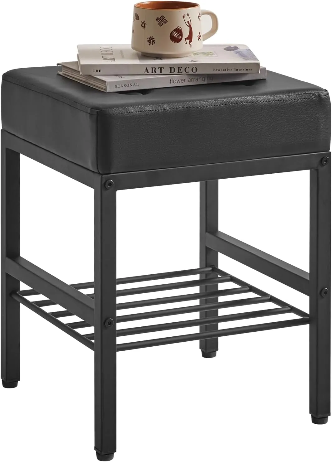 IBUYKE Square Makeup Stool with Adjustable Feet and Storage Space, Footrest Chair, PU Vanity Seat, Multi-Use as Small Side Table or Ottoman, for Bedroom, Black LG-60B