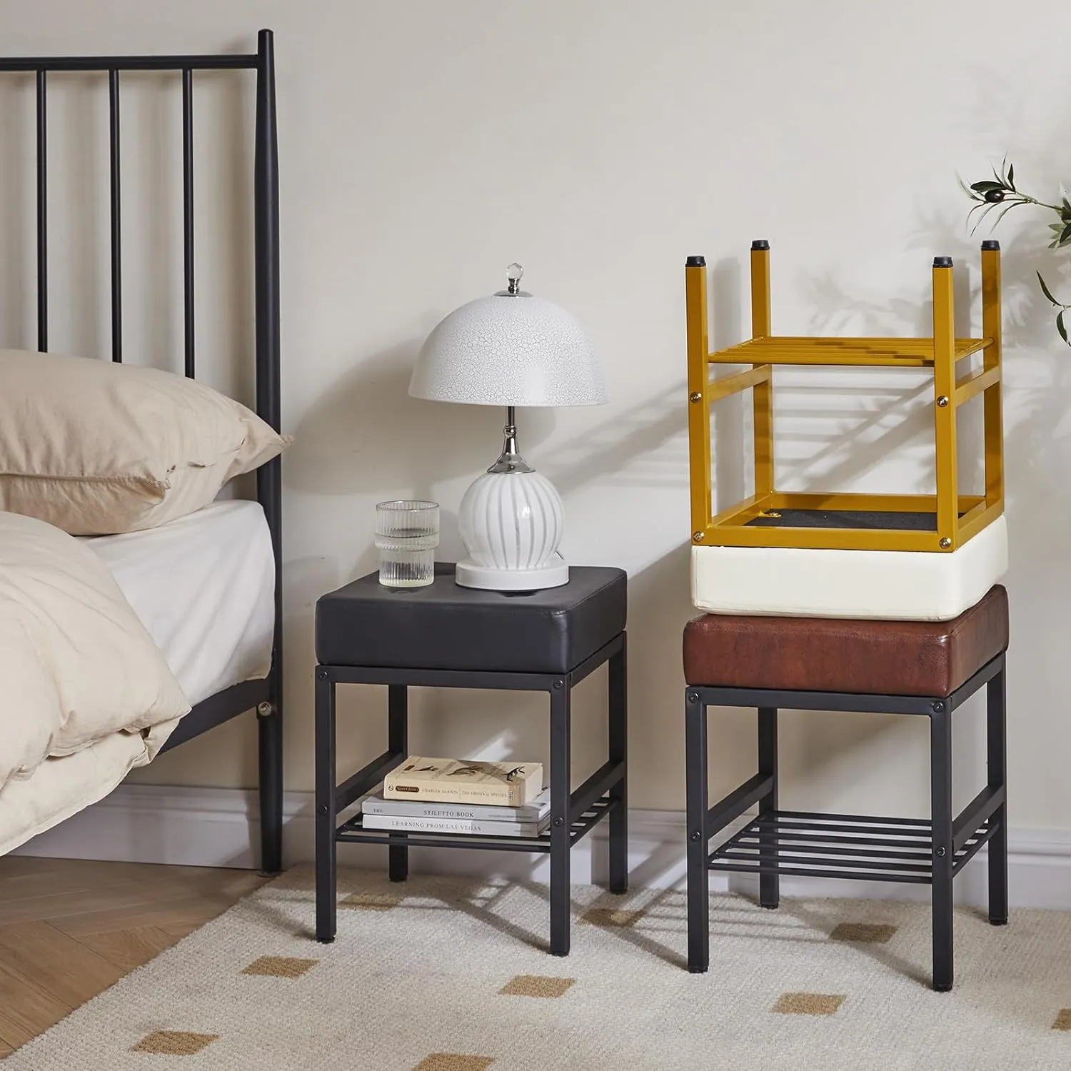 IBUYKE Square Makeup Stool with Adjustable Feet and Storage Space, Footrest Chair, PU Vanity Seat, Multi-Use as Small Side Table or Ottoman, for Bedroom, Black LG-60B