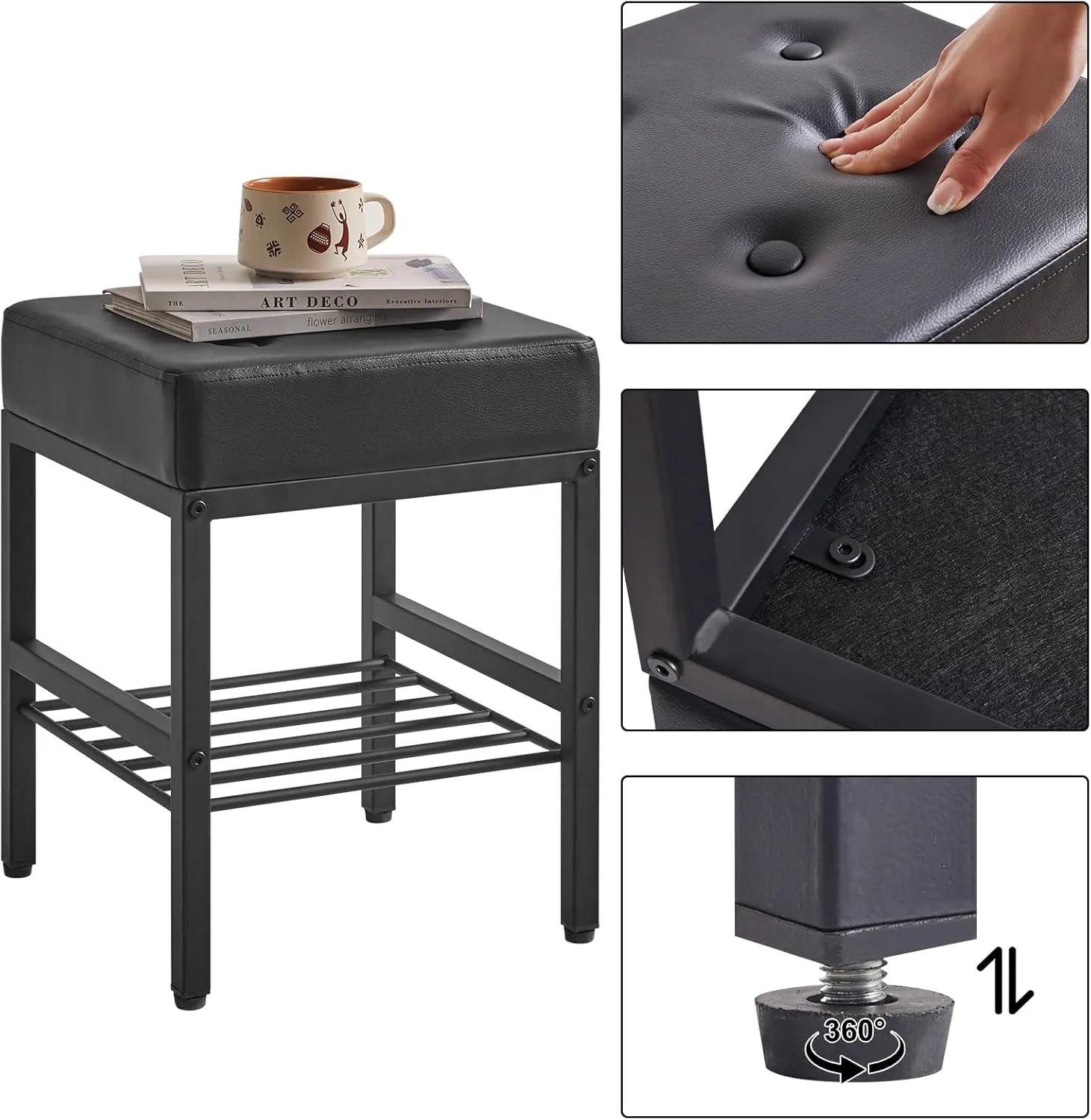 IBUYKE Square Makeup Stool with Adjustable Feet and Storage Space, Footrest Chair, PU Vanity Seat, Multi-Use as Small Side Table or Ottoman, for Bedroom, Black LG-60B