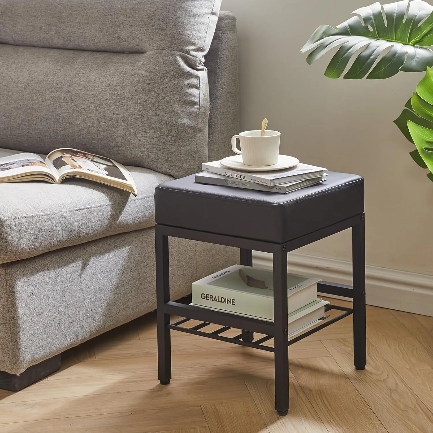 IBUYKE Square Makeup Stool with Adjustable Feet and Storage Space, Footrest Chair, PU Vanity Seat, Multi-Use as Small Side Table or Ottoman, for Bedroom, Black LG-60B
