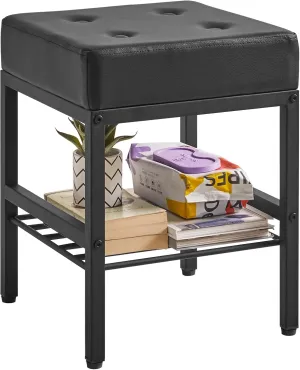 IBUYKE Square Makeup Stool with Adjustable Feet and Storage Space, Footrest Chair, PU Vanity Seat, Multi-Use as Small Side Table or Ottoman, for Bedroom, Black LG-60B