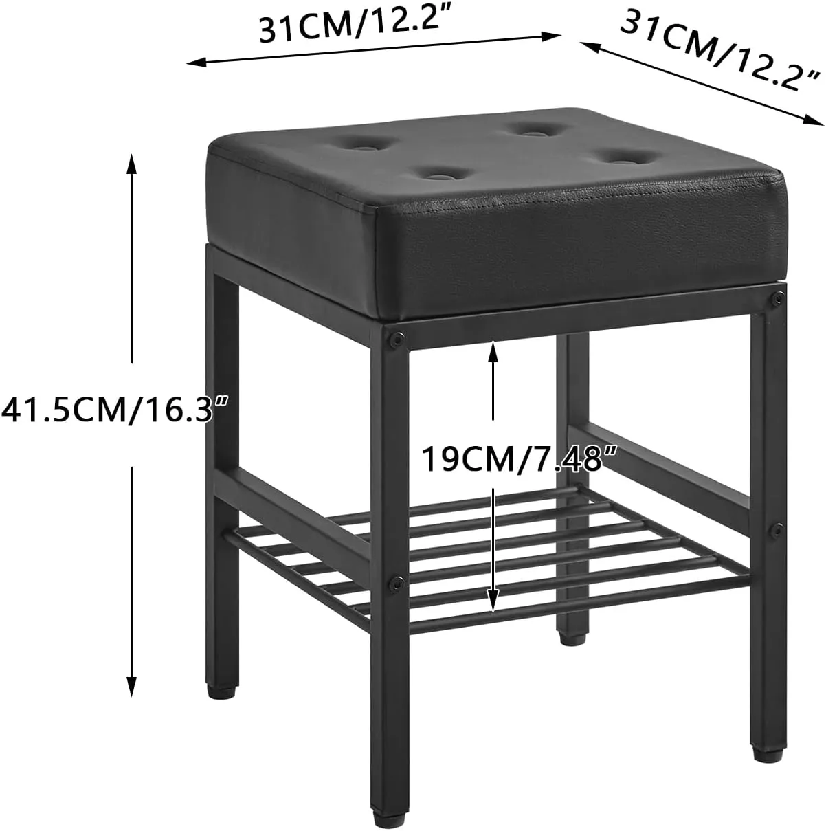 IBUYKE Square Makeup Stool with Adjustable Feet and Storage Space, Footrest Chair, PU Vanity Seat, Multi-Use as Small Side Table or Ottoman, for Bedroom, Black LG-60B