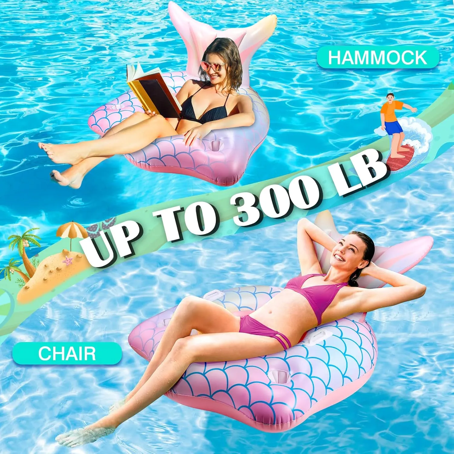 Inflatable Pool Float Mermaid Tail Pool Floating Chair 45“ with Cup Holders, Backrest, Mesh Bottom and Handles Summer Water Fun Beach Party Swimming Pool Toys for Kids Children Adults Water Activities