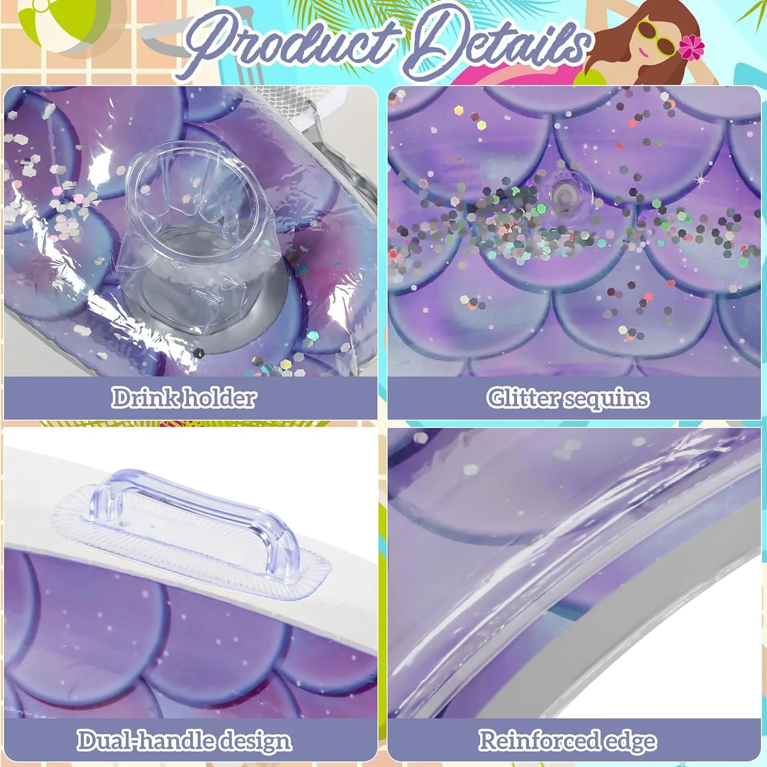 Inflatable Pool Floats Chair Adults Mermaid with Cup Holders Glitter Pool Floaties Tube Chair Water Loungers for Swimming Pools Summer Parties(Light Purple)