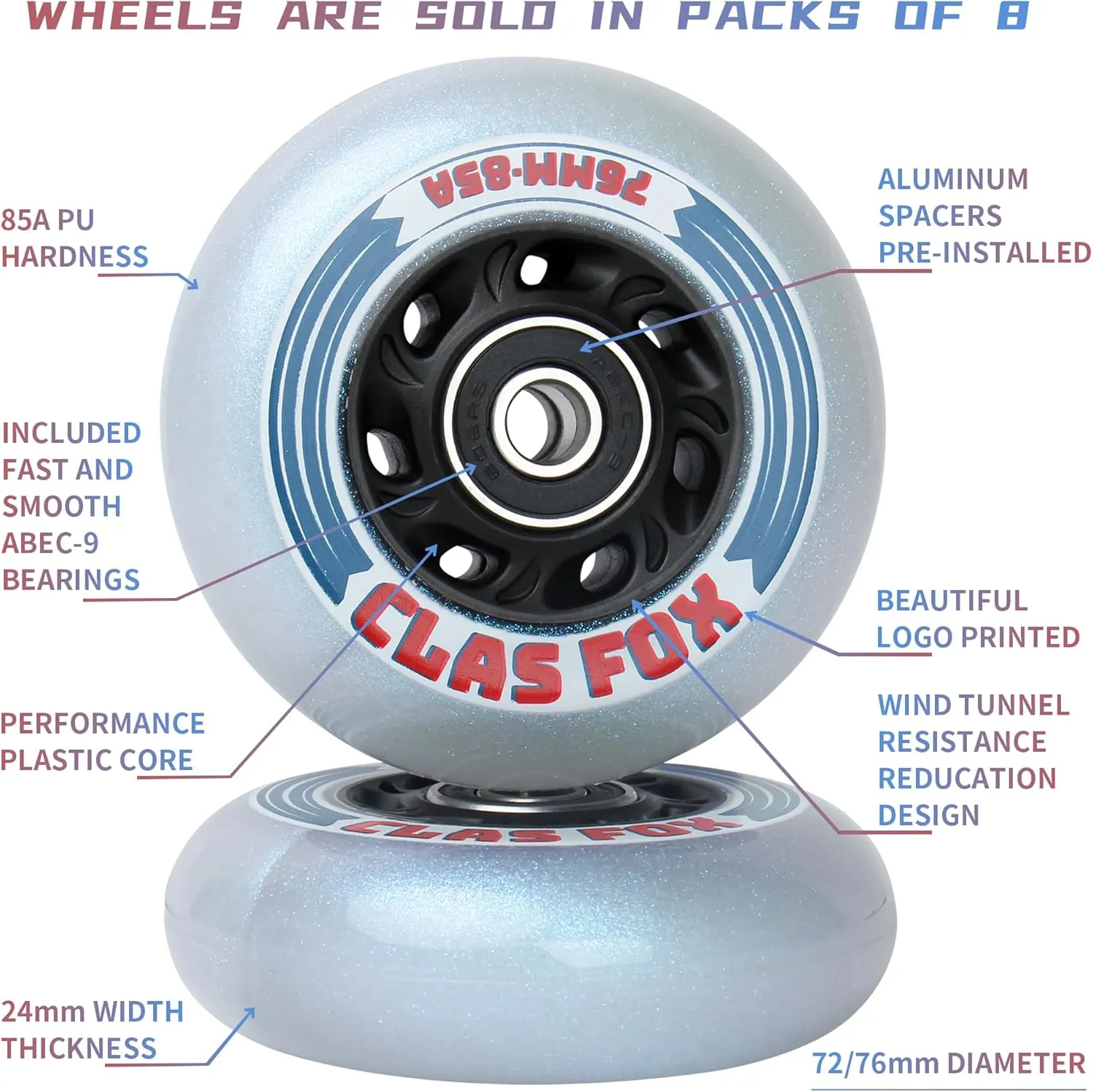 Inline Skate Replacement Wheels With Wheels Bag 72mm/76mm with Bearings ABEC-9 and Floating Spacers for Blades Roller Hockey Skates, 85A Indoor & Outdoor (8-Pack) (76MM)
