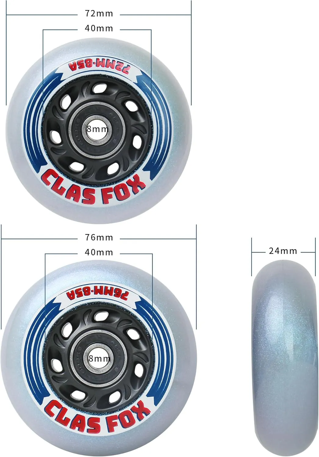 Inline Skate Replacement Wheels With Wheels Bag 72mm/76mm with Bearings ABEC-9 and Floating Spacers for Blades Roller Hockey Skates, 85A Indoor & Outdoor (8-Pack) (76MM)