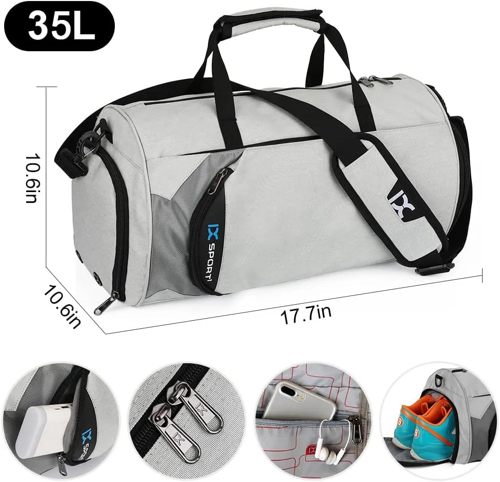 INOXTO Small Sports Gym Bag，Travel Duffel Bag with Dry Wet Pocket and Shoes Compartment for Women and Men，35L Waterproof Weekender Fitness bag For Swim Sports Travel Working Out (light grey 2)