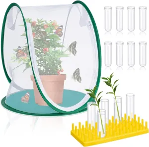 Insect and Butterfly Habitat Cage Set with Poo Poo Platter, 13 x 14. 5 Inch Monarch Butterfly Habitat Net, 8 Pcs 50 ml Floral Tubes Large with Rack Holder for Caterpillars and Insect