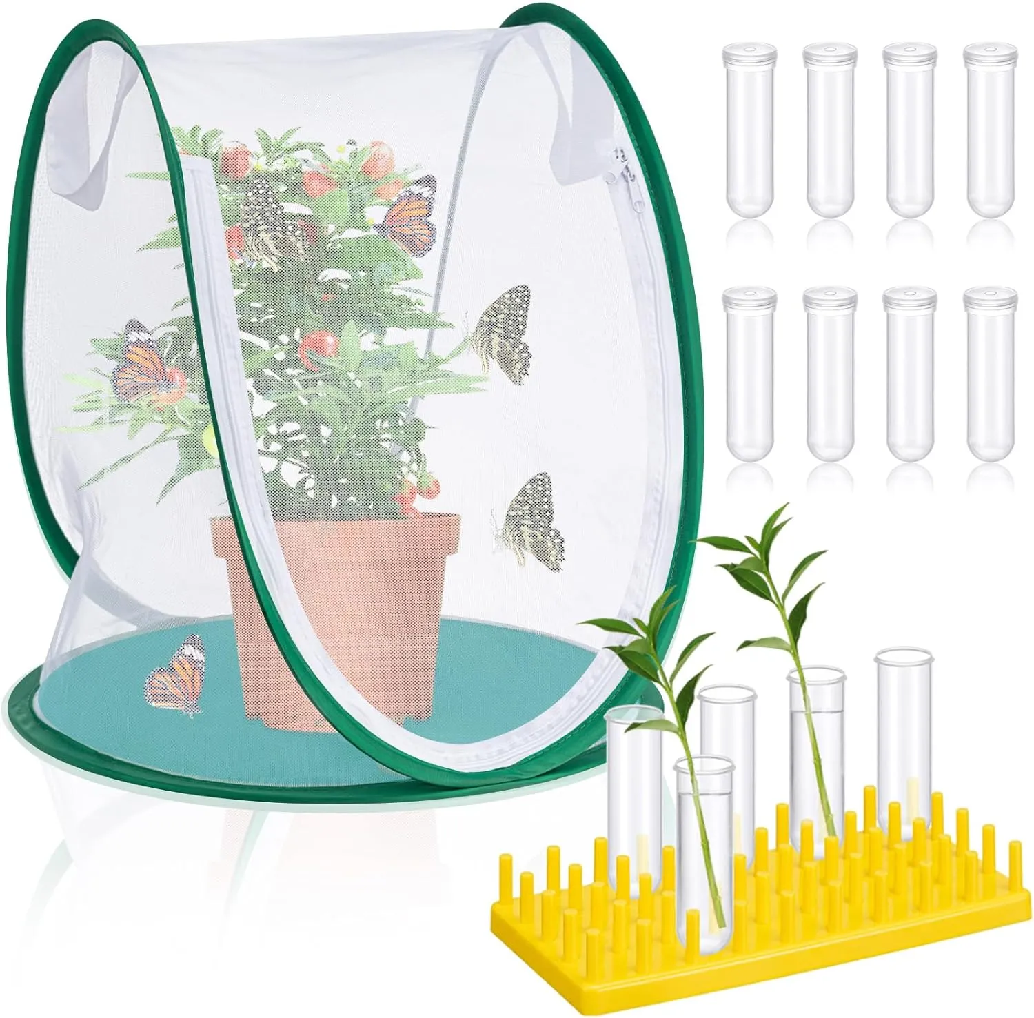 Insect and Butterfly Habitat Cage Set with Poo Poo Platter, 13 x 14. 5 Inch Monarch Butterfly Habitat Net, 8 Pcs 50 ml Floral Tubes Large with Rack Holder for Caterpillars and Insect