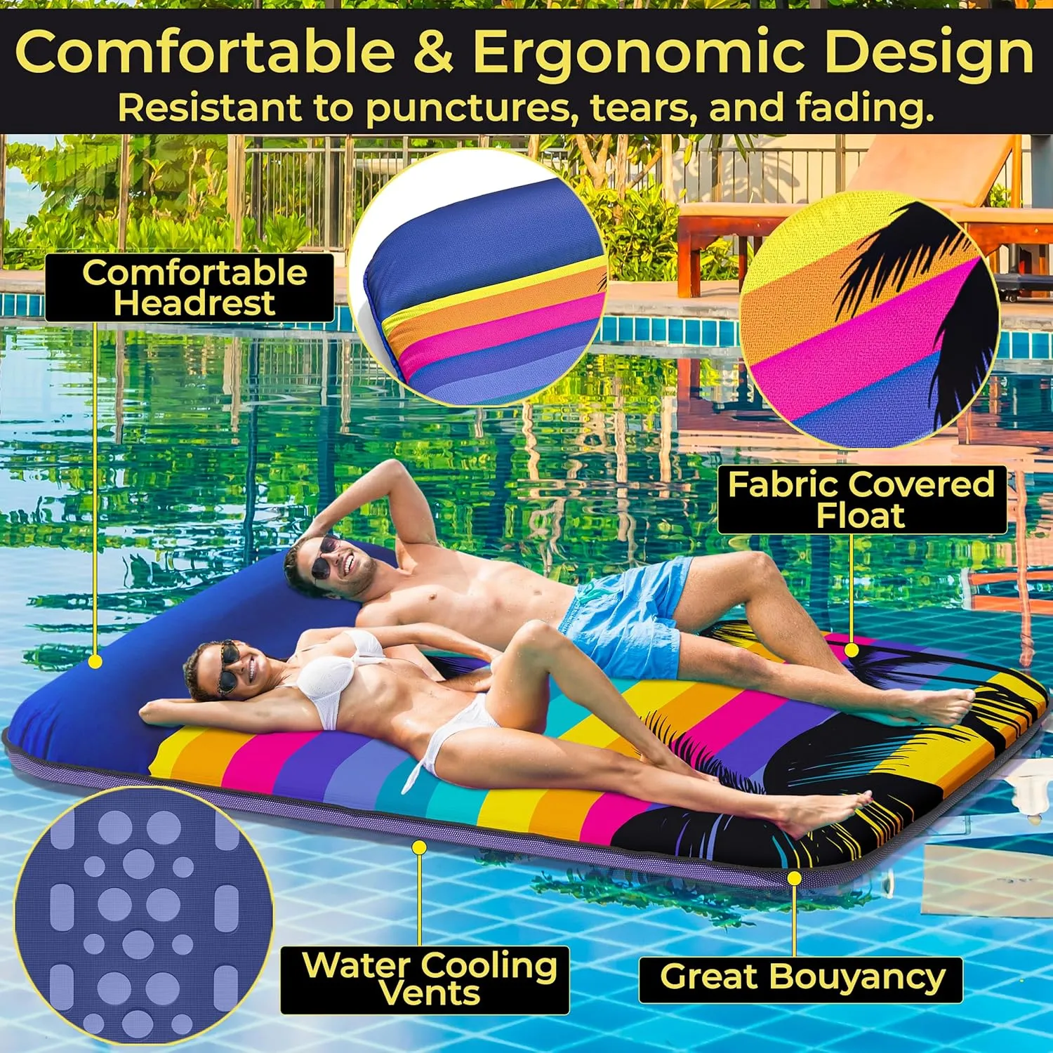 JAMBO Pool Floats, Extra Large Fabric Pool Float, Comfortable Oversized Pool Floats for Adults, Heavy Duty Pool Air Mattress, Inflatable Lounge Raft, Tanning Pool Lounger, Tanning Chair, Pool Toys