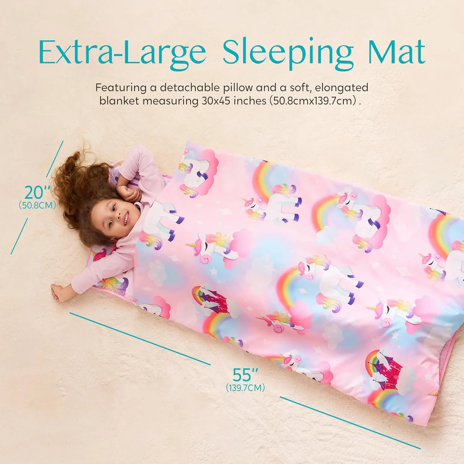 JOIEDOMI Toddler Nap Mat with Pillow & Blanket 55''*30'' for Kids Ages 3-7 Years Roll Up Nap Mat for Preschool Soft Kids Sleeping Bag for Boys Girls Kindergarten Daycare Sleepover