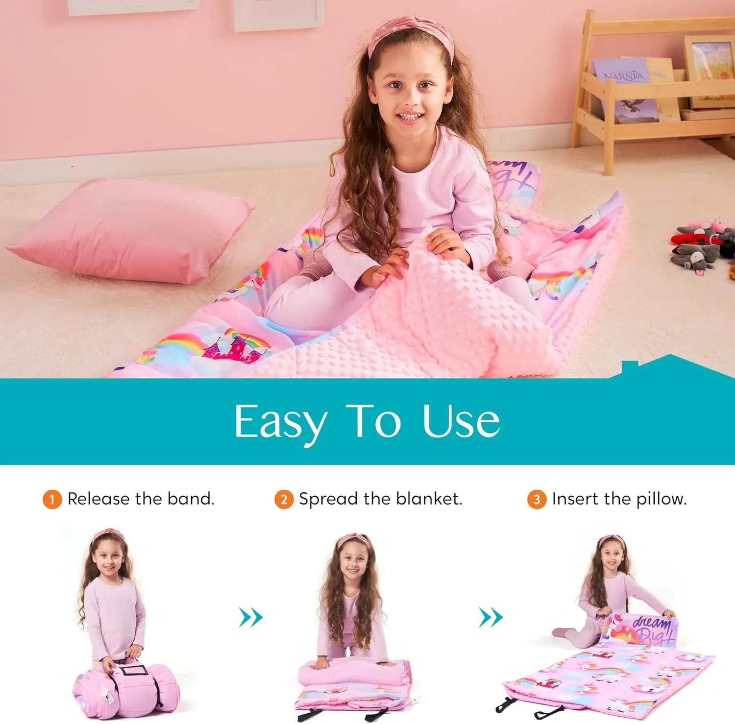 JOIEDOMI Toddler Nap Mat with Pillow & Blanket 55''*30'' for Kids Ages 3-7 Years Roll Up Nap Mat for Preschool Soft Kids Sleeping Bag for Boys Girls Kindergarten Daycare Sleepover