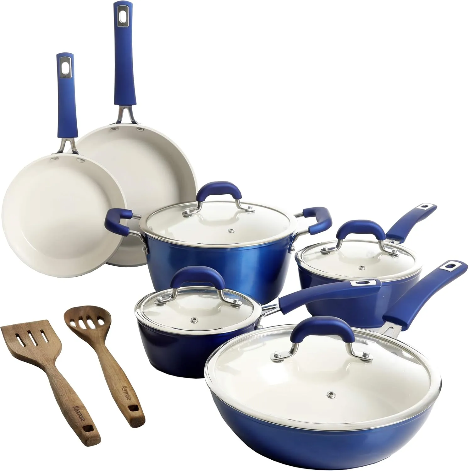 Kenmore Arlington Nonstick Ceramic Coated Forged Aluminum Induction Cookware with Bakelite Handles, 12-Piece Set, Metallic Blue