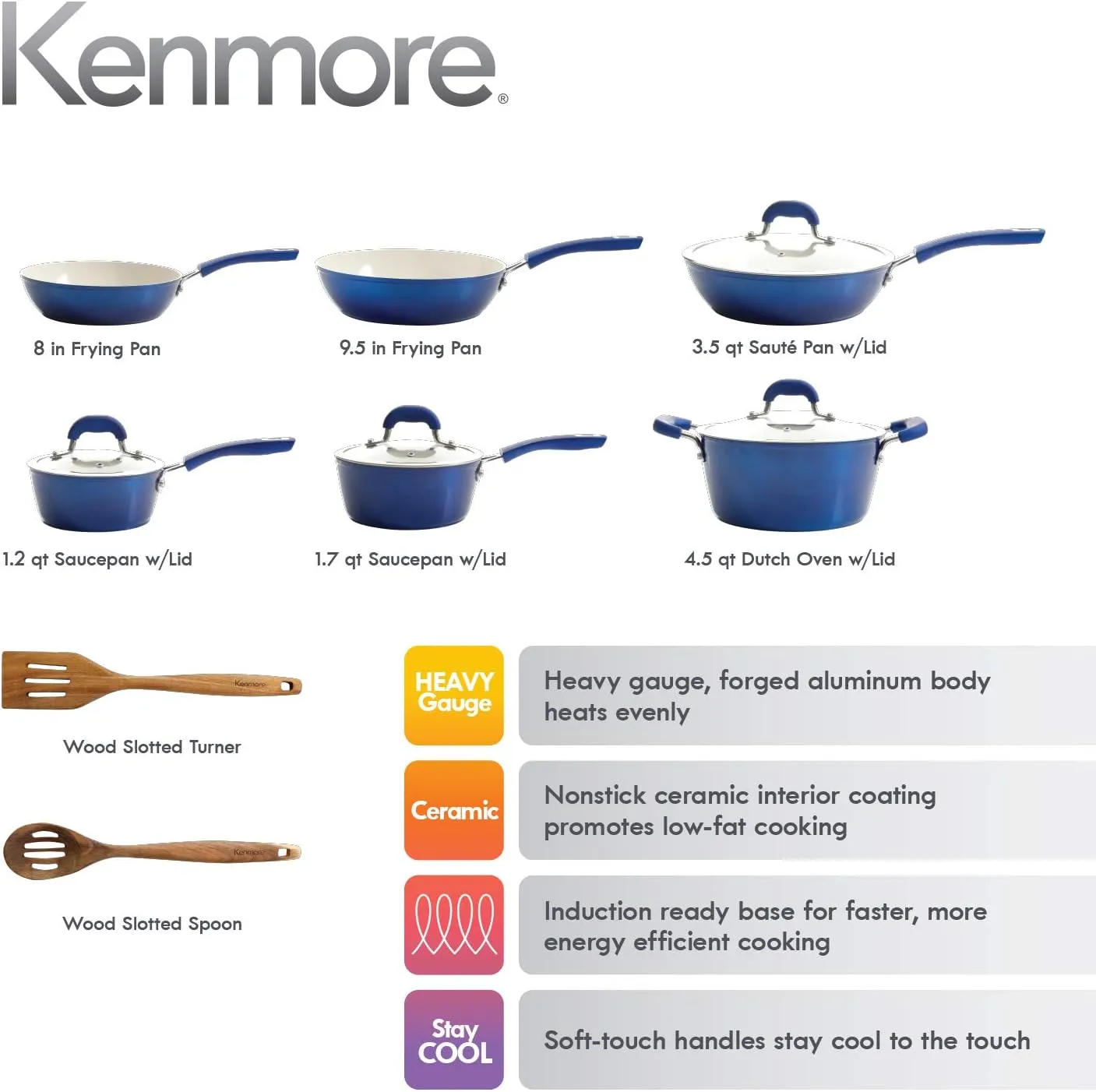 Kenmore Arlington Nonstick Ceramic Coated Forged Aluminum Induction Cookware with Bakelite Handles, 12-Piece Set, Metallic Blue