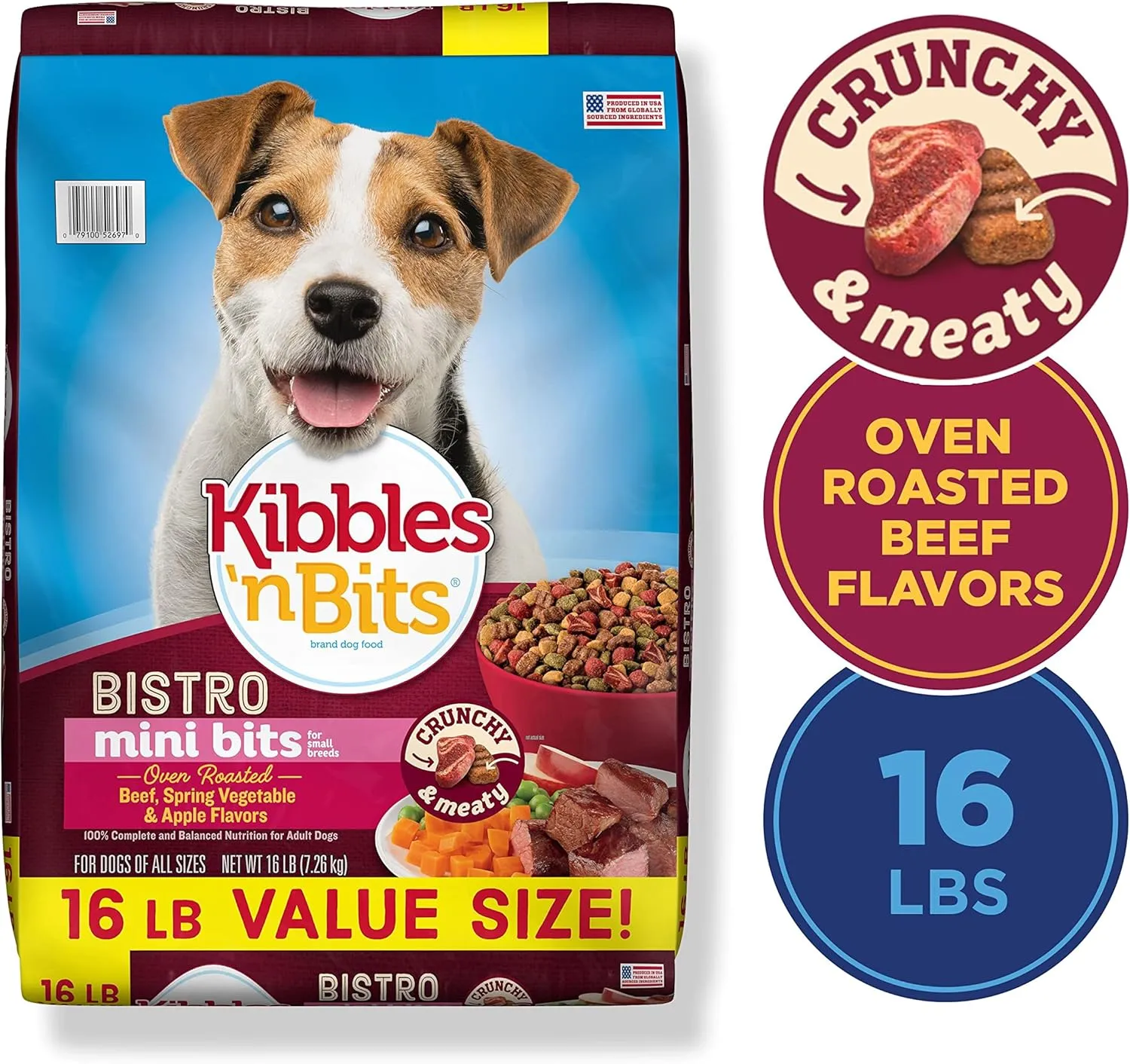 Kibbles 'n Bits Bistro Small Breed Mini Bits Oven Roasted Beef Flavor Dry Dog Food, 16lb bag
