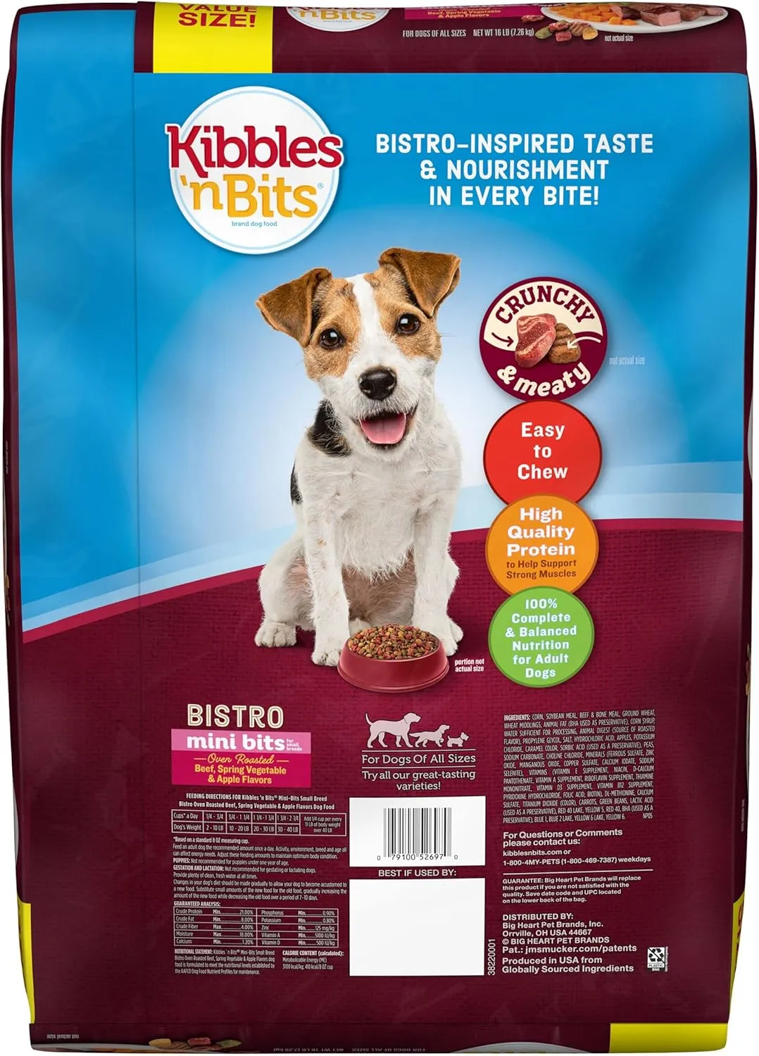 Kibbles 'n Bits Bistro Small Breed Mini Bits Oven Roasted Beef Flavor Dry Dog Food, 16lb bag