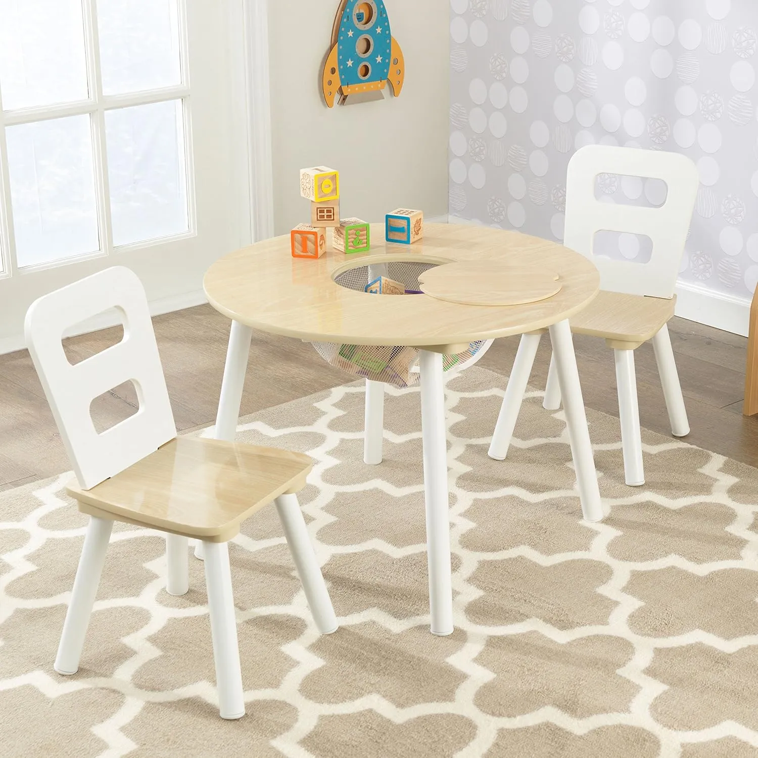 KidKraft Wooden Round Table & 2 Chair Set with Center Mesh Storage - Natural & White, Gift for Ages 3-6