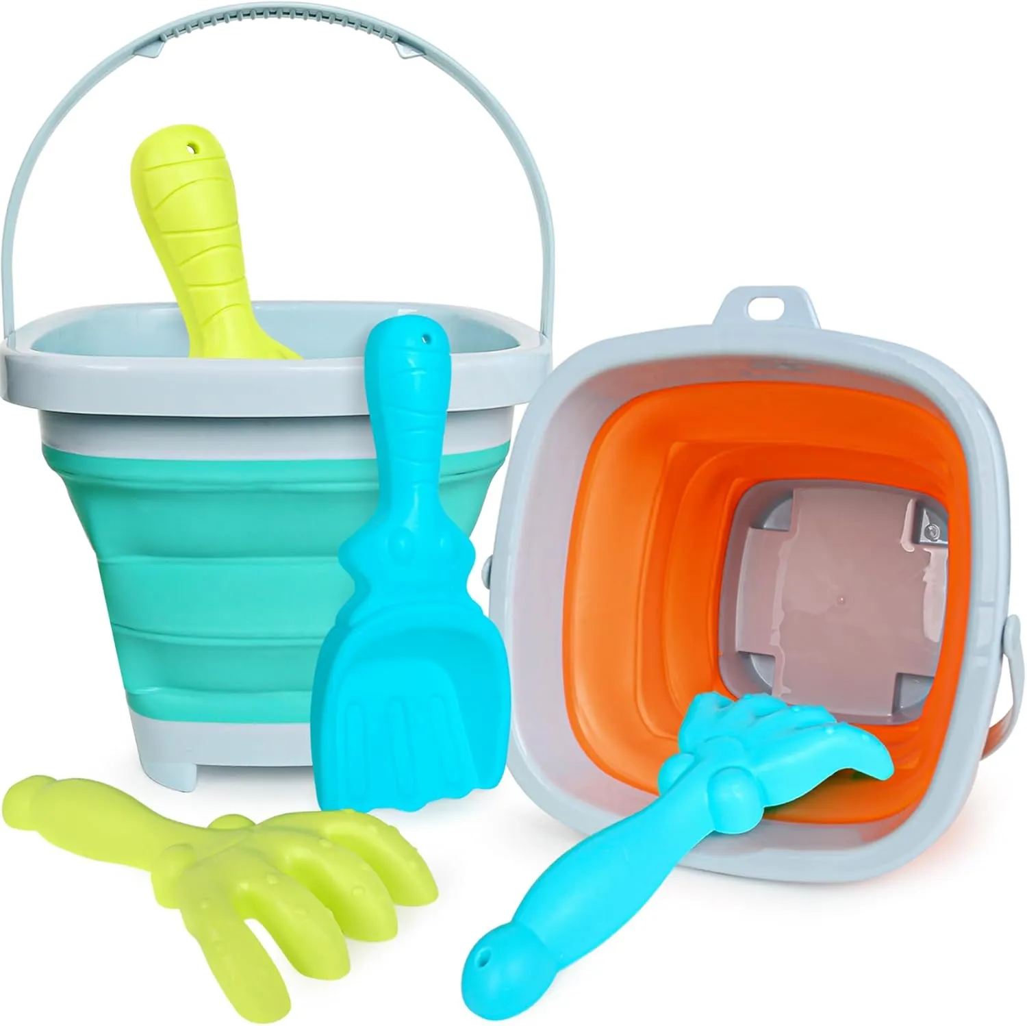 Kids Beach Toys Set with Collapsible Bucket, Sand Rake and Shovel, Turquoise and Orange, Ages 2-6, 2pack Travel Toys (Two Mix)