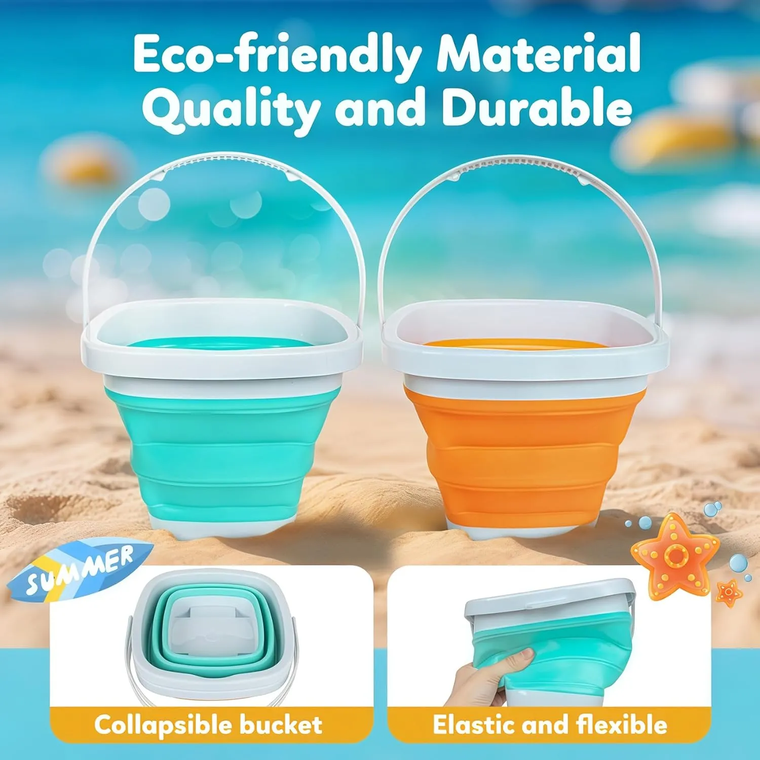 Kids Beach Toys Set with Collapsible Bucket, Sand Rake and Shovel, Turquoise and Orange, Ages 2-6, 2pack Travel Toys (Two Mix)