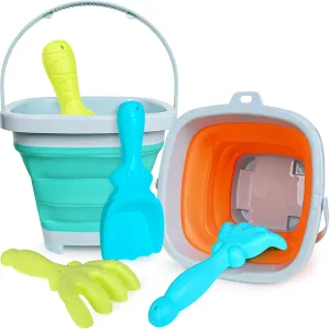 Kids Beach Toys Set with Collapsible Bucket, Sand Rake and Shovel, Turquoise and Orange, Ages 2-6, 2pack Travel Toys (Two Mix)