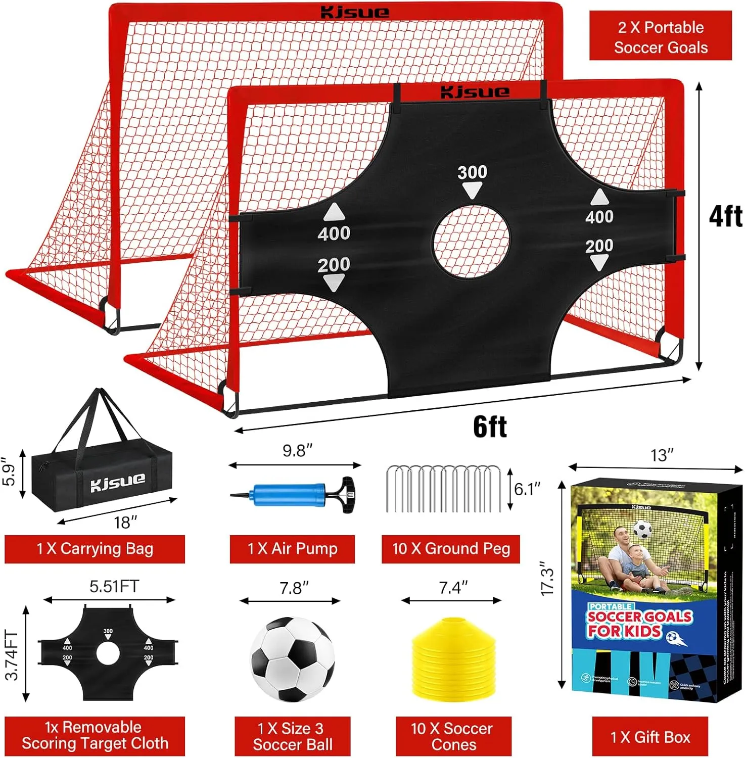 Kids Soccer Goals for Backyard Set, 2 of 6x4 ft Portable Pop Up Soccer Goal Training Equipment, Soccer Net with Target, Soccer Ball, Cones, Soccer Set for Kids Youth Toddler Sports Outdoor Games