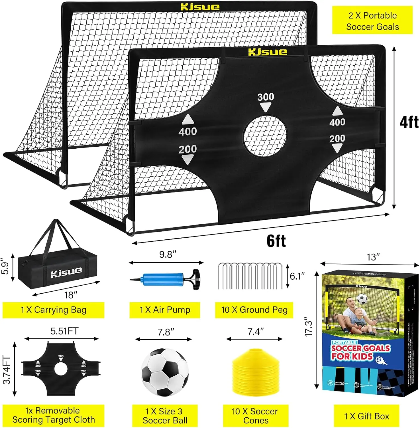 Kids Soccer Goals for Backyard Set, 2 of 6x4 ft Portable Pop Up Soccer Goal Training Equipment, Soccer Net with Target, Soccer Ball, Cones, Soccer Set for Kids Youth Toddler Sports Outdoor Games