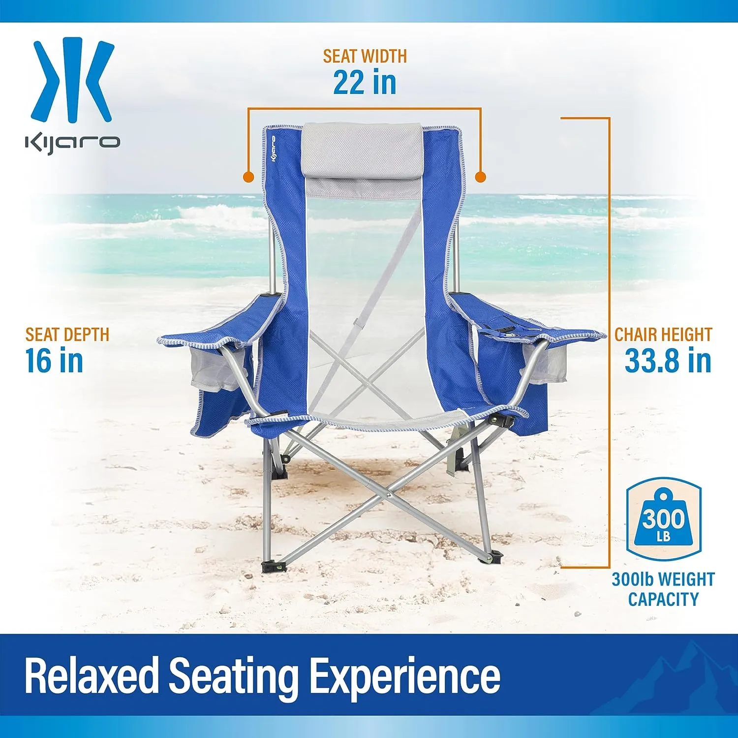 Kijaro Beach Sling Chair with Cooler Pocket - Various Fun Colors & Patterns - Perfect Beach Folding Chair and Camping Chair - Includes a Detachable Pillow