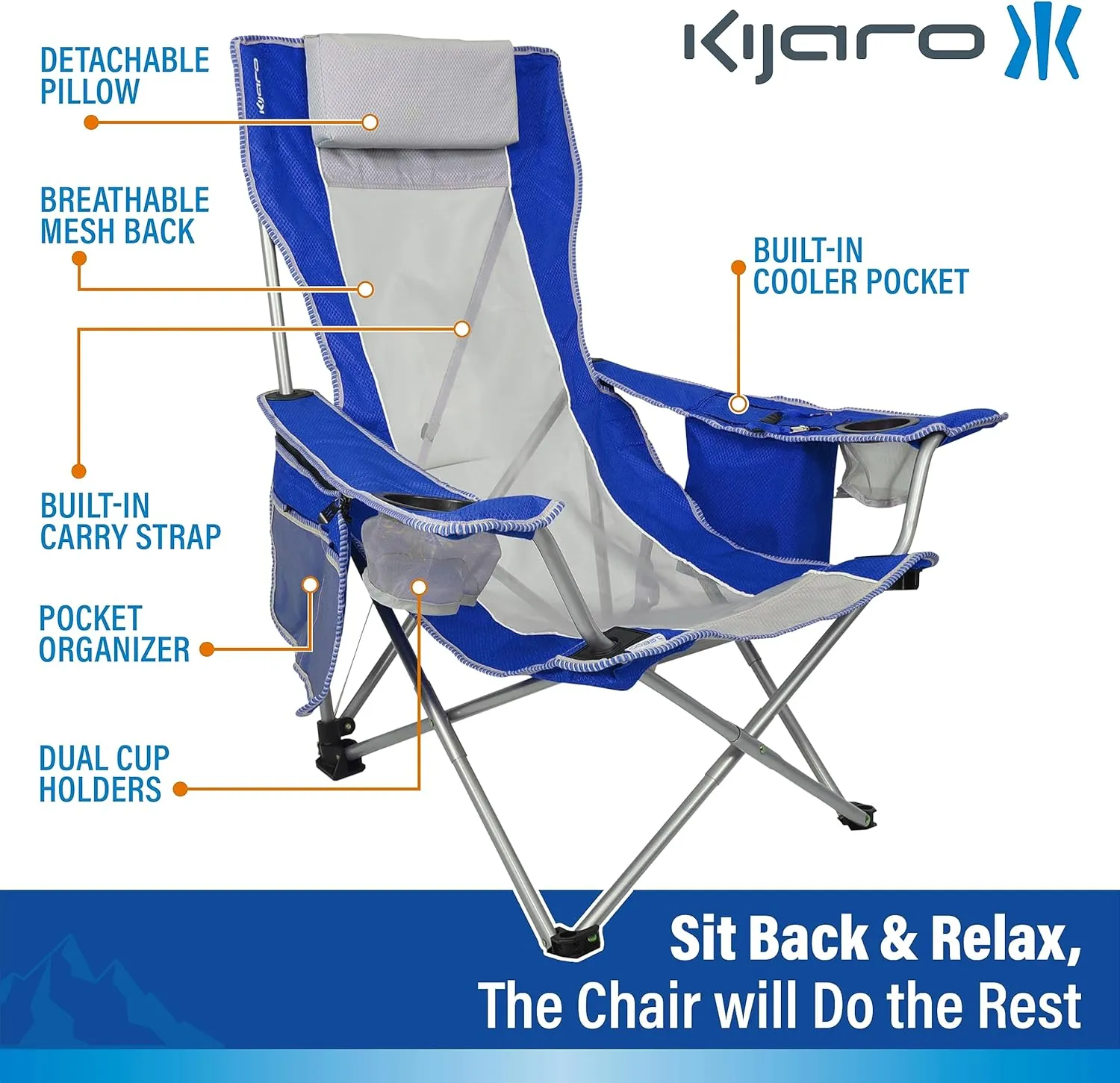 Kijaro Beach Sling Chair with Cooler Pocket - Various Fun Colors & Patterns - Perfect Beach Folding Chair and Camping Chair - Includes a Detachable Pillow