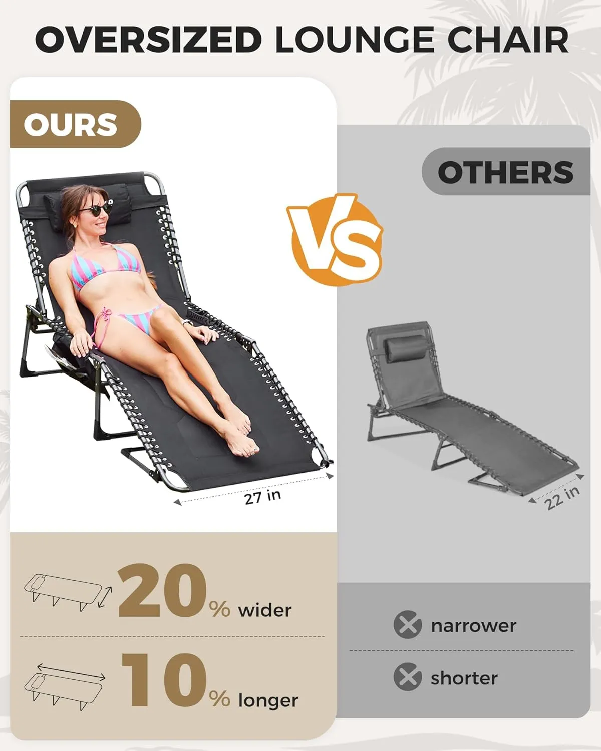 KingCamp Oversized Lounge Chair, Folding Portable Adjustable 5-Position Tanning Chairs 400lbs Heavy Duty Padded Recliner with Side Pocket Pillow for Outdoor Patio Beach Sun Bathing Pool