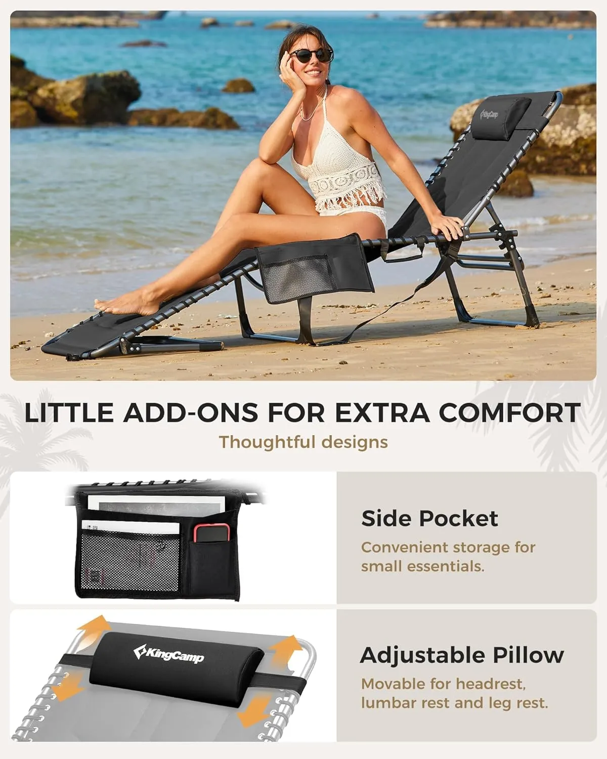 KingCamp Oversized Lounge Chair, Folding Portable Adjustable 5-Position Tanning Chairs 400lbs Heavy Duty Padded Recliner with Side Pocket Pillow for Outdoor Patio Beach Sun Bathing Pool