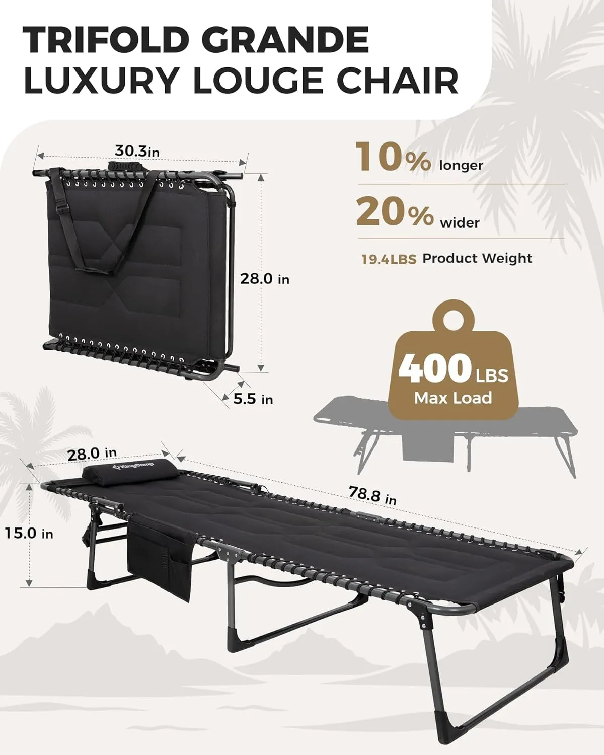 KingCamp Oversized Lounge Chair, Folding Portable Adjustable 5-Position Tanning Chairs 400lbs Heavy Duty Padded Recliner with Side Pocket Pillow for Outdoor Patio Beach Sun Bathing Pool
