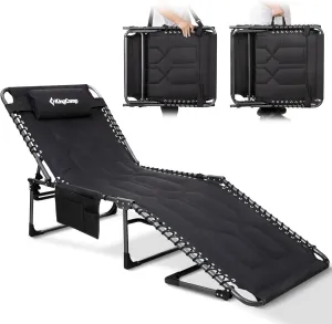 KingCamp Oversized Lounge Chair, Folding Portable Adjustable 5-Position Tanning Chairs 400lbs Heavy Duty Padded Recliner with Side Pocket Pillow for Outdoor Patio Beach Sun Bathing Pool
