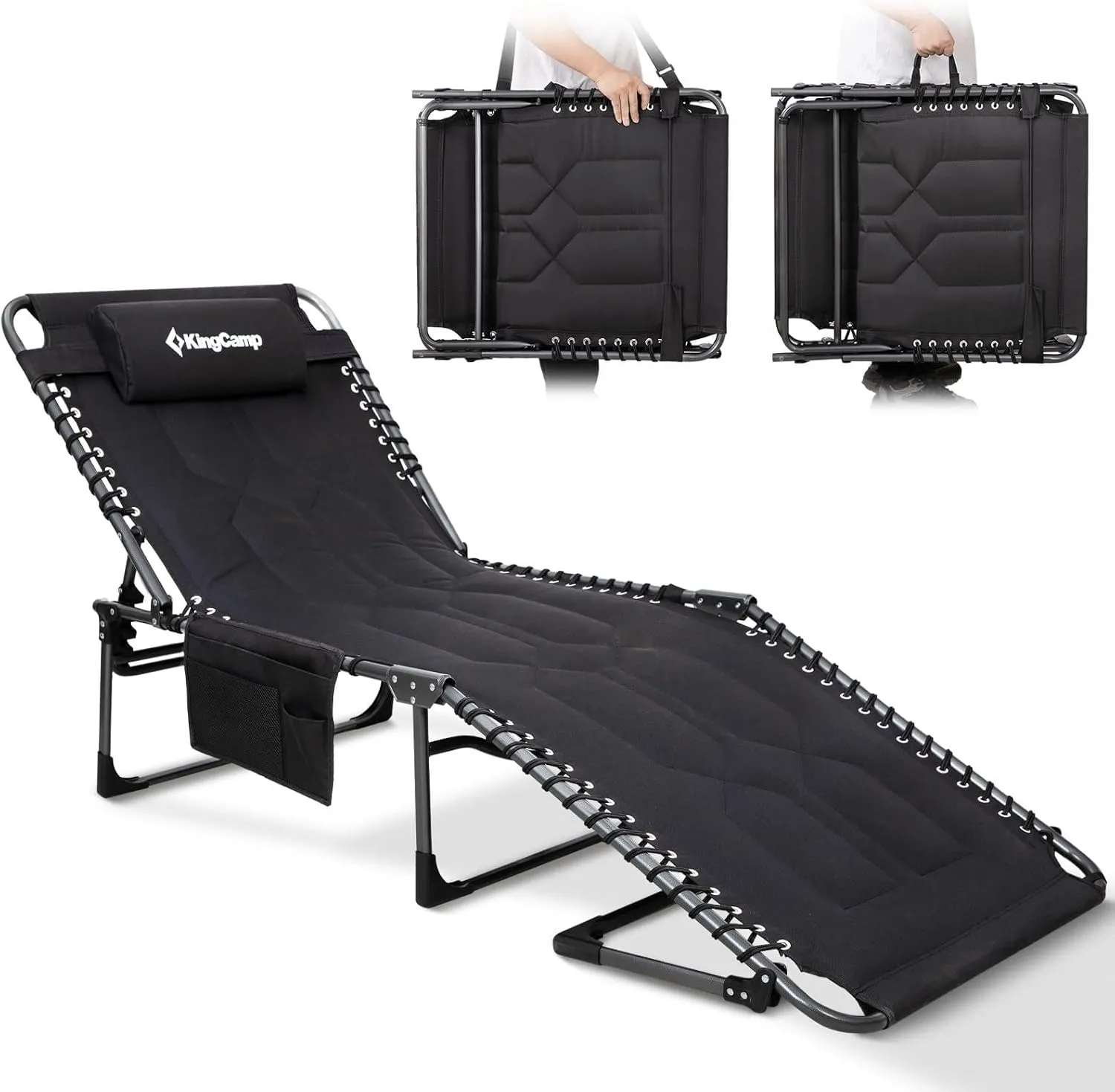 KingCamp Oversized Lounge Chair, Folding Portable Adjustable 5-Position Tanning Chairs 400lbs Heavy Duty Padded Recliner with Side Pocket Pillow for Outdoor Patio Beach Sun Bathing Pool