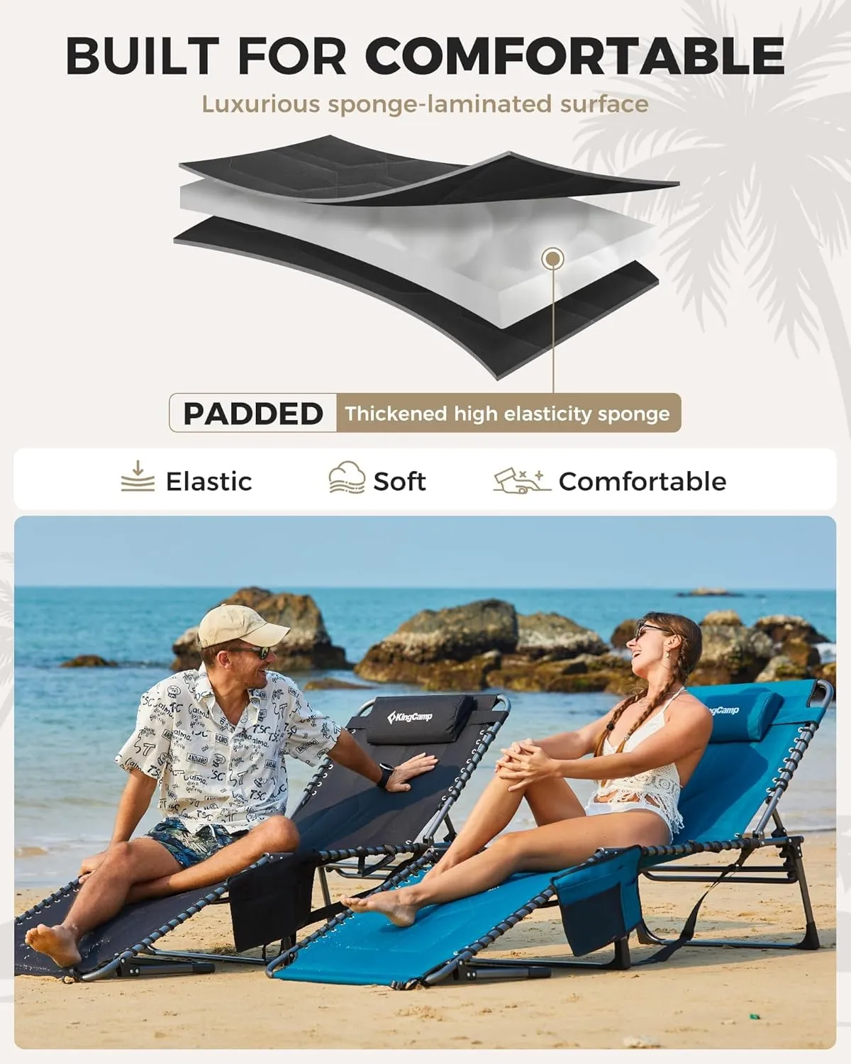 KingCamp Oversized Lounge Chair, Folding Portable Adjustable 5-Position Tanning Chairs 400lbs Heavy Duty Padded Recliner with Side Pocket Pillow for Outdoor Patio Beach Sun Bathing Pool
