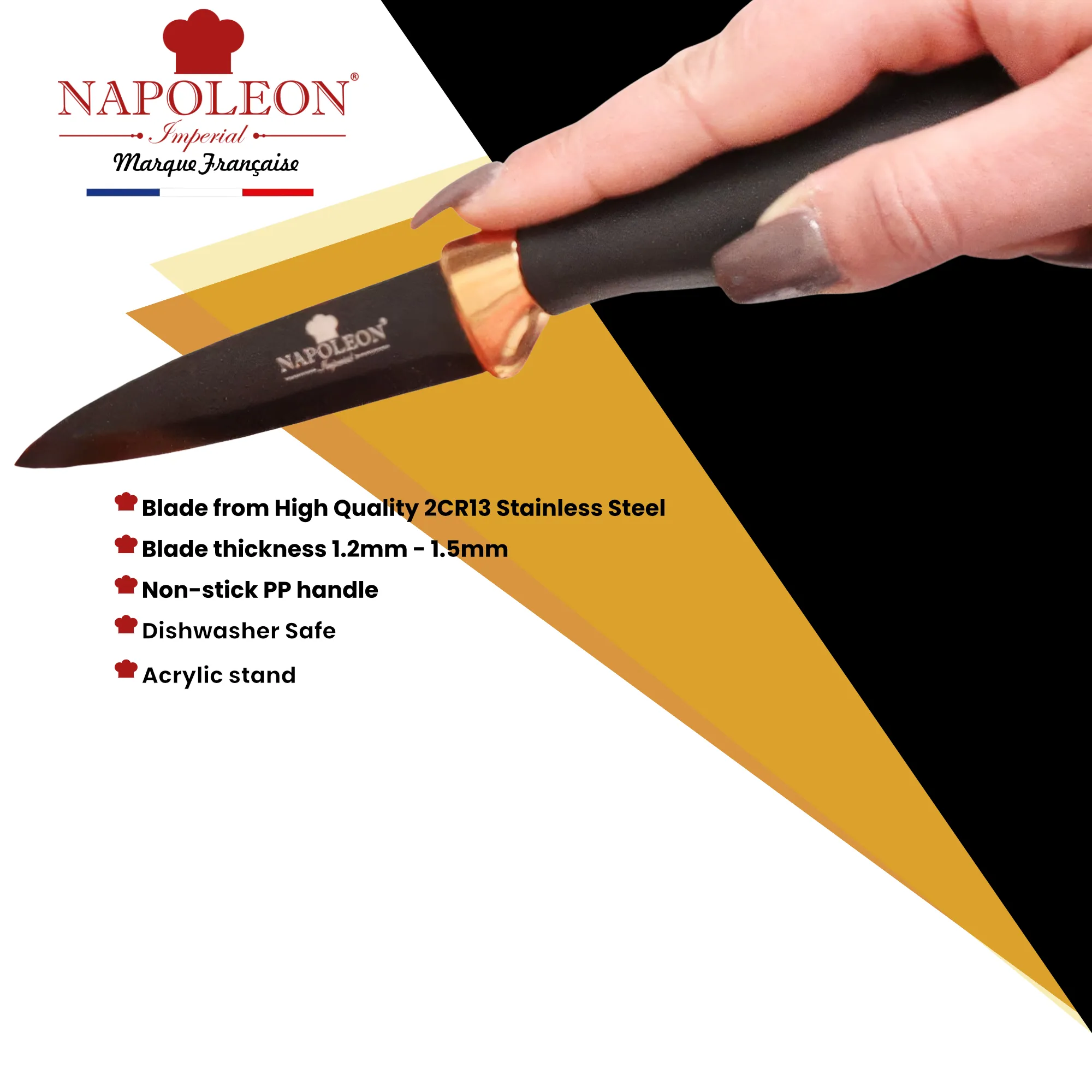 Kitchen Knife Set with Acrylic Stand - 5 Knives in High Quality 2Cr13 Stainless Steel with Copper Contrast Nonstick Handles