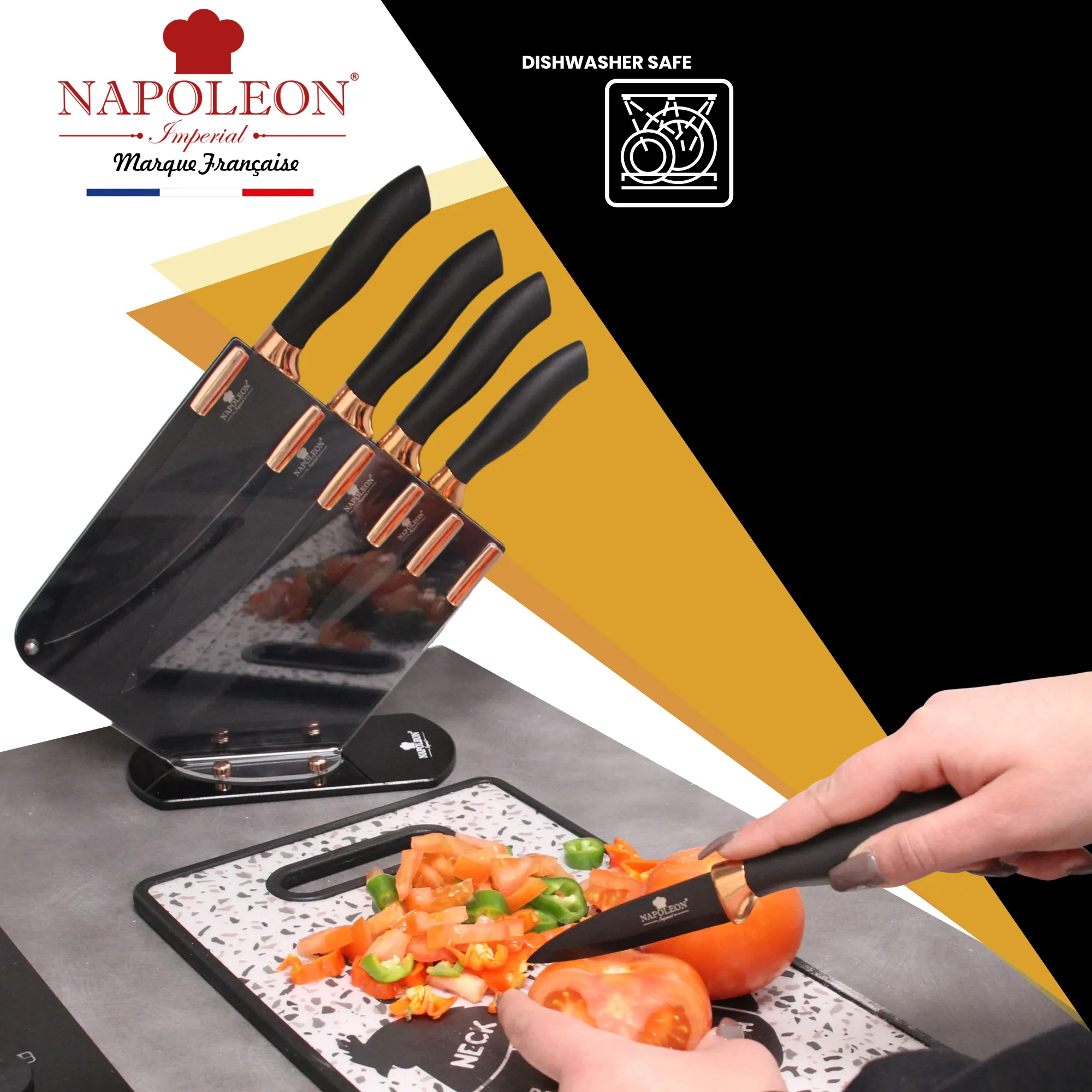 Kitchen Knife Set with Acrylic Stand - 5 Knives in High Quality 2Cr13 Stainless Steel with Copper Contrast Nonstick Handles